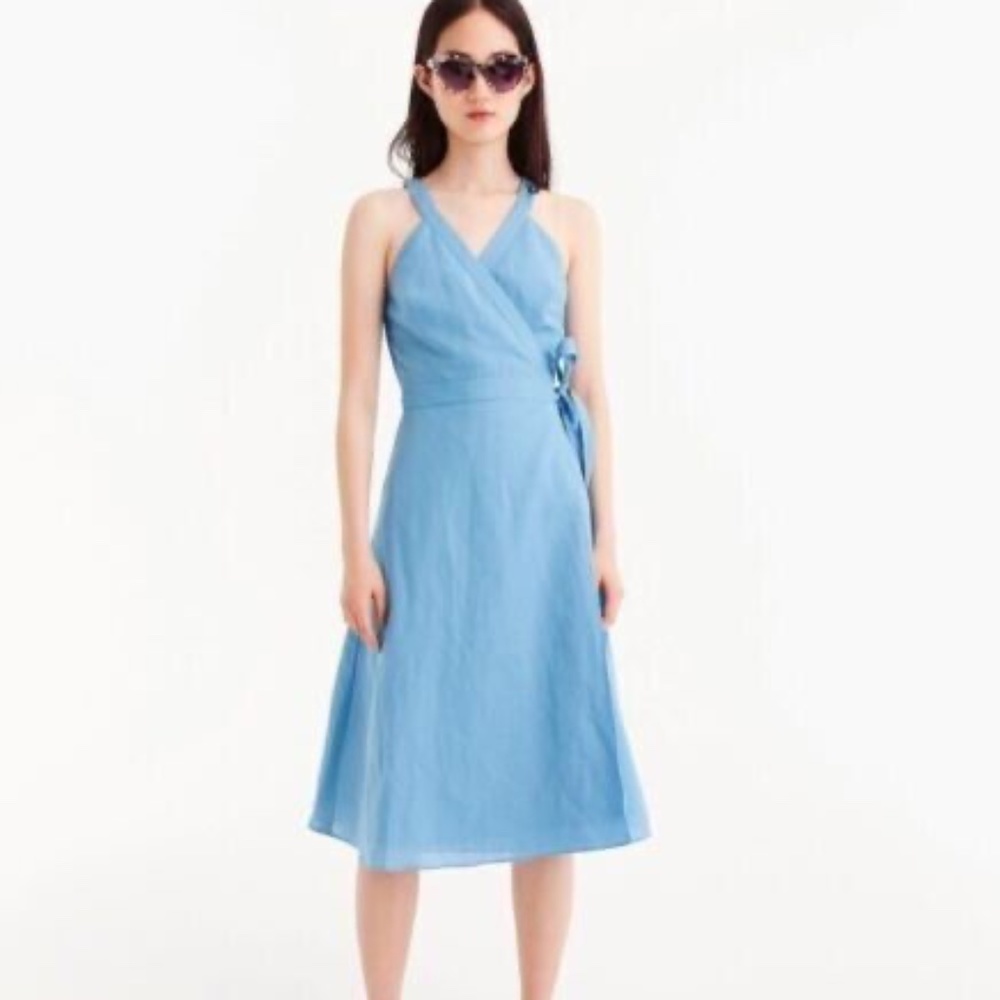 J. Crew Linen Wrap Midi Dress Blue XS